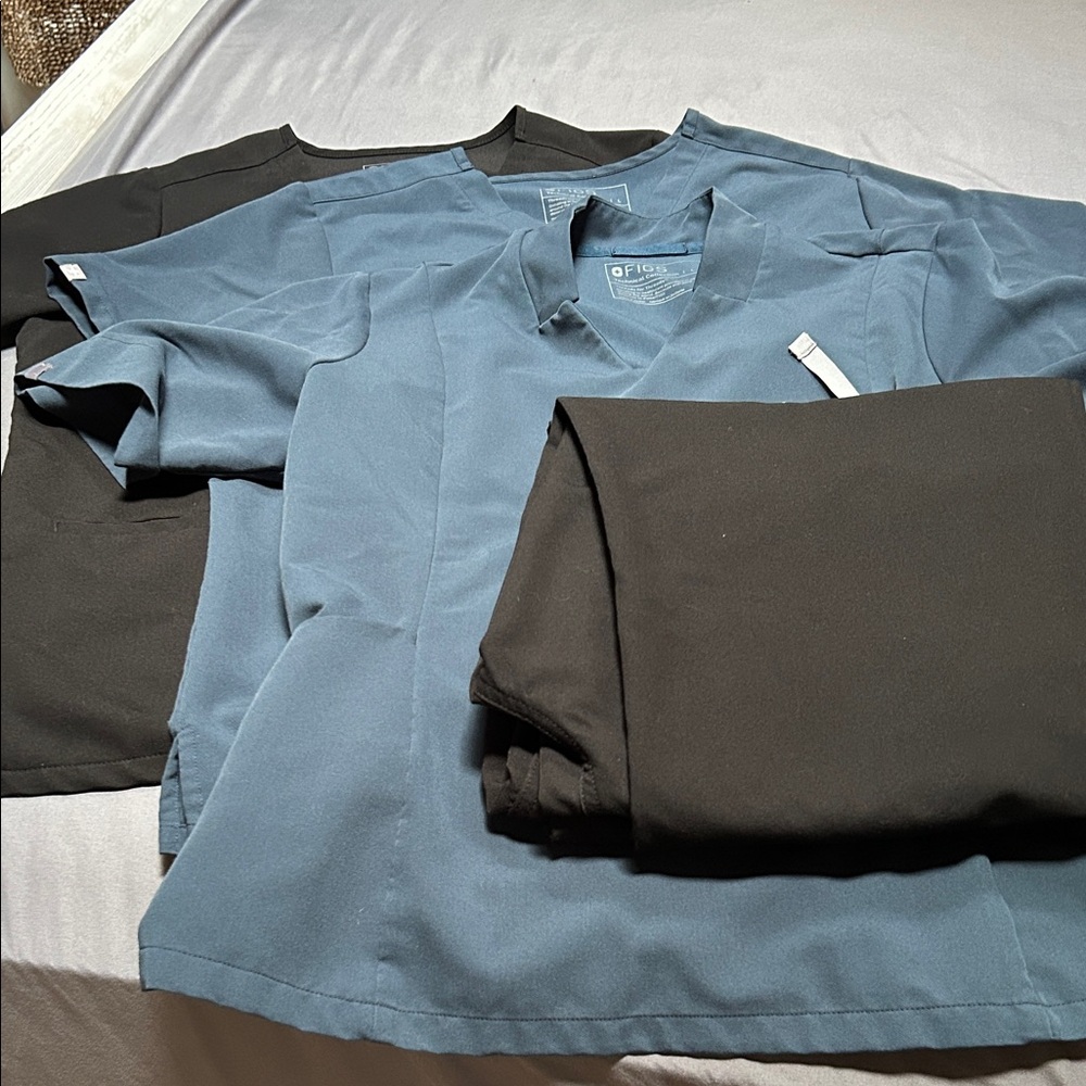 Figs women’s scrub tops in black + harbor grey + 2 black pants